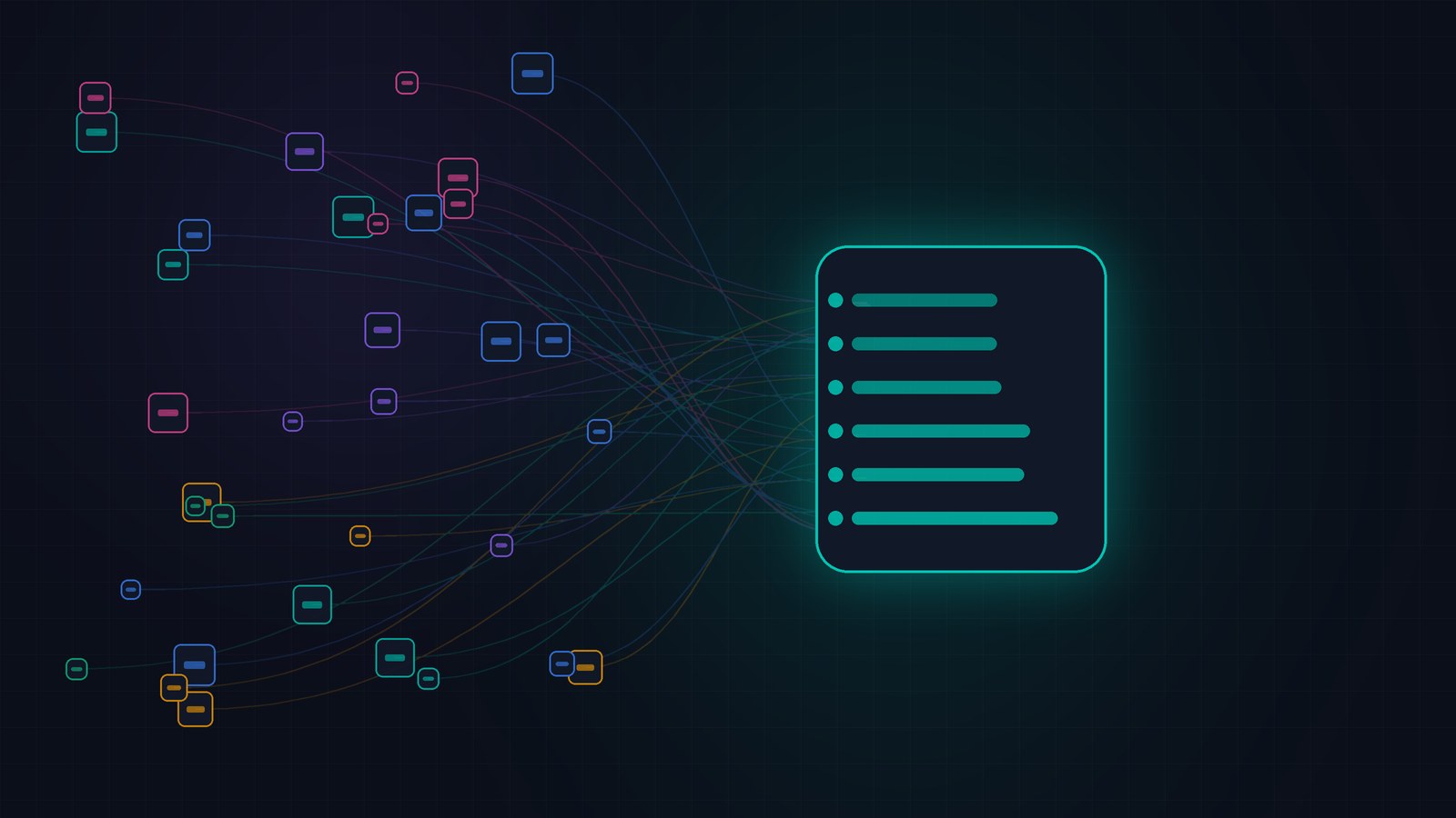 Abstract illustration of scattered app tiles merging into one glowing panel, representing all-in-one business software