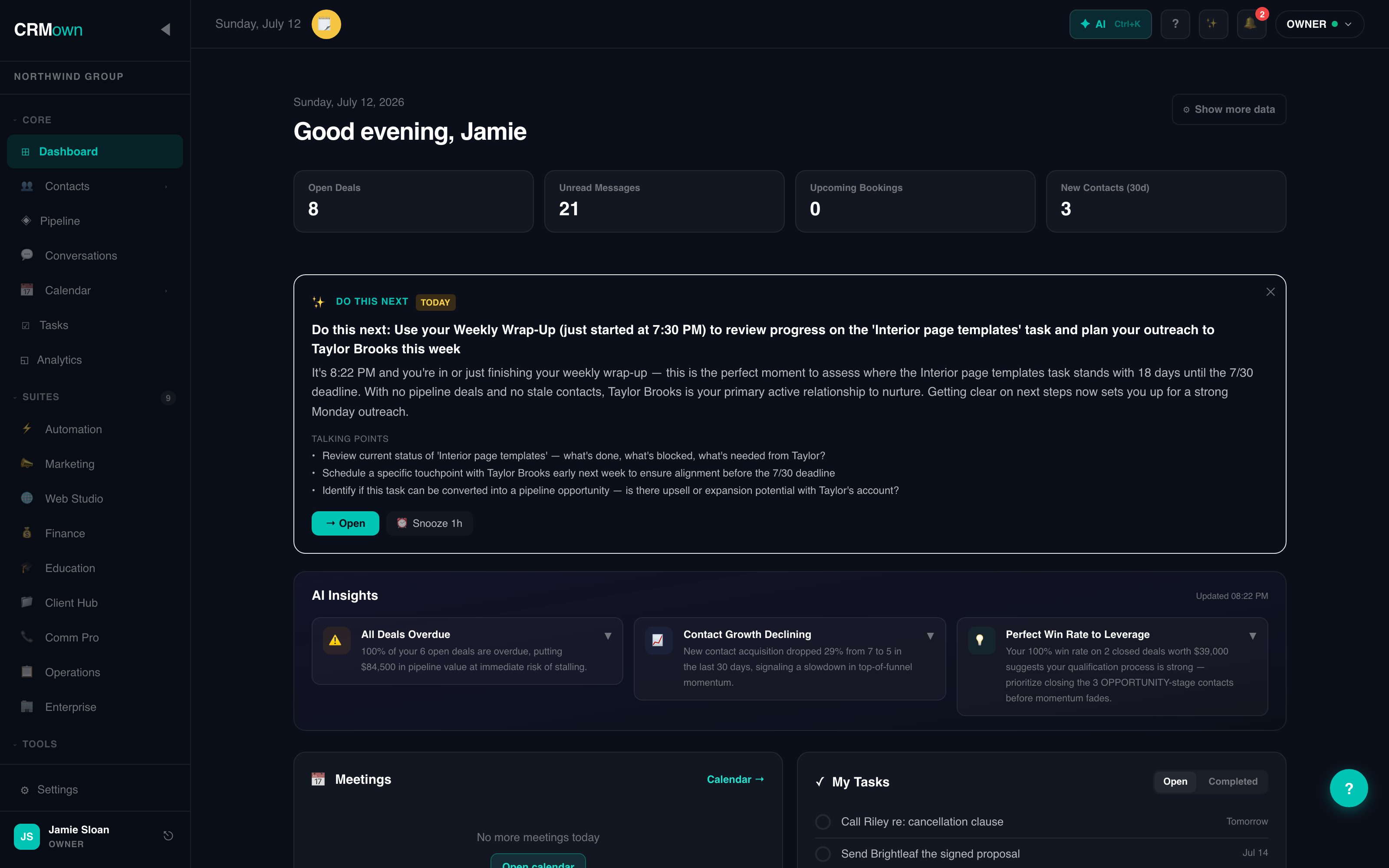 CRMown Dashboard — activity feed and AI insights