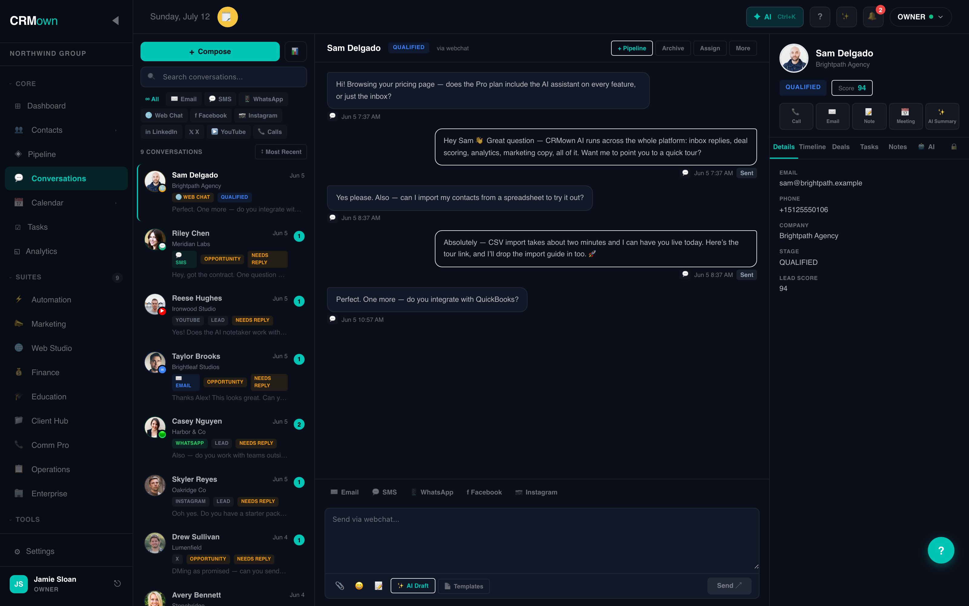 CRMown unified inbox with AI-drafted replies