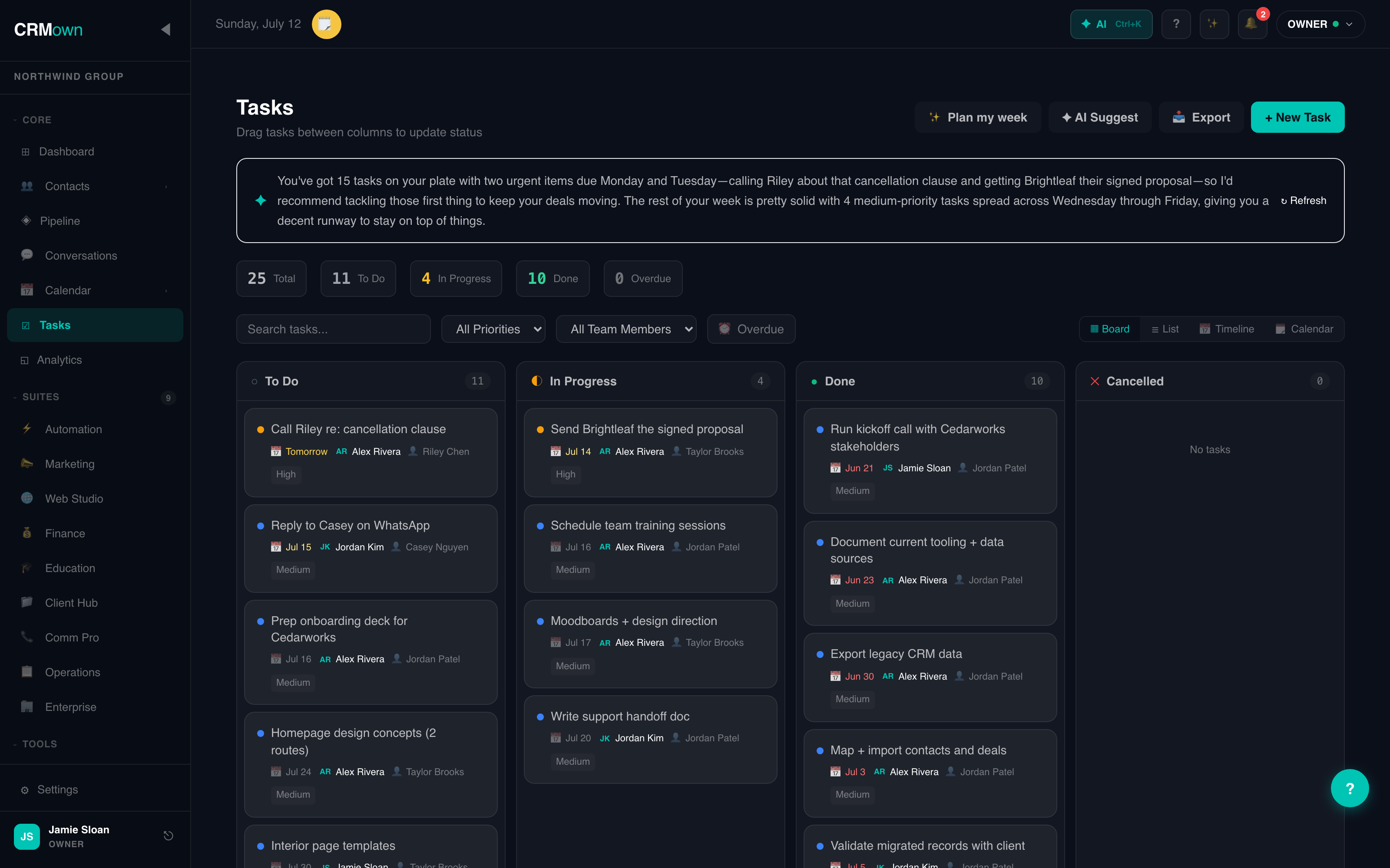 CRMown Tasks kanban with AI approval queue