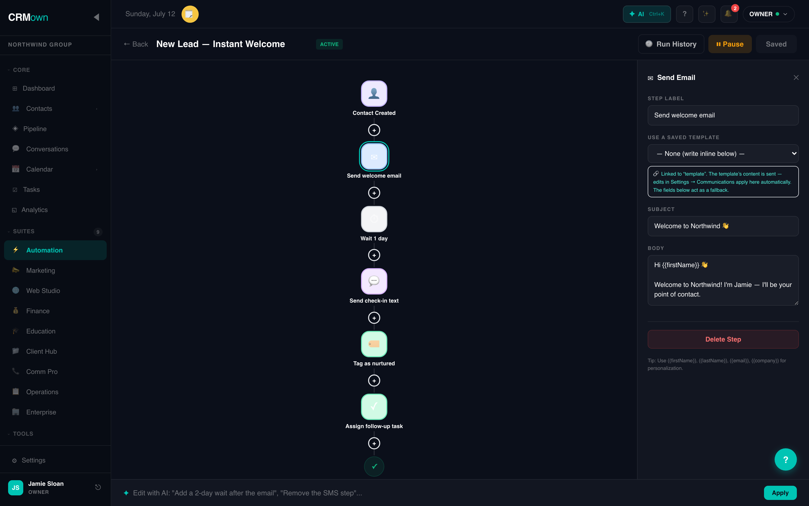 CRMown Automation visual workflow builder
