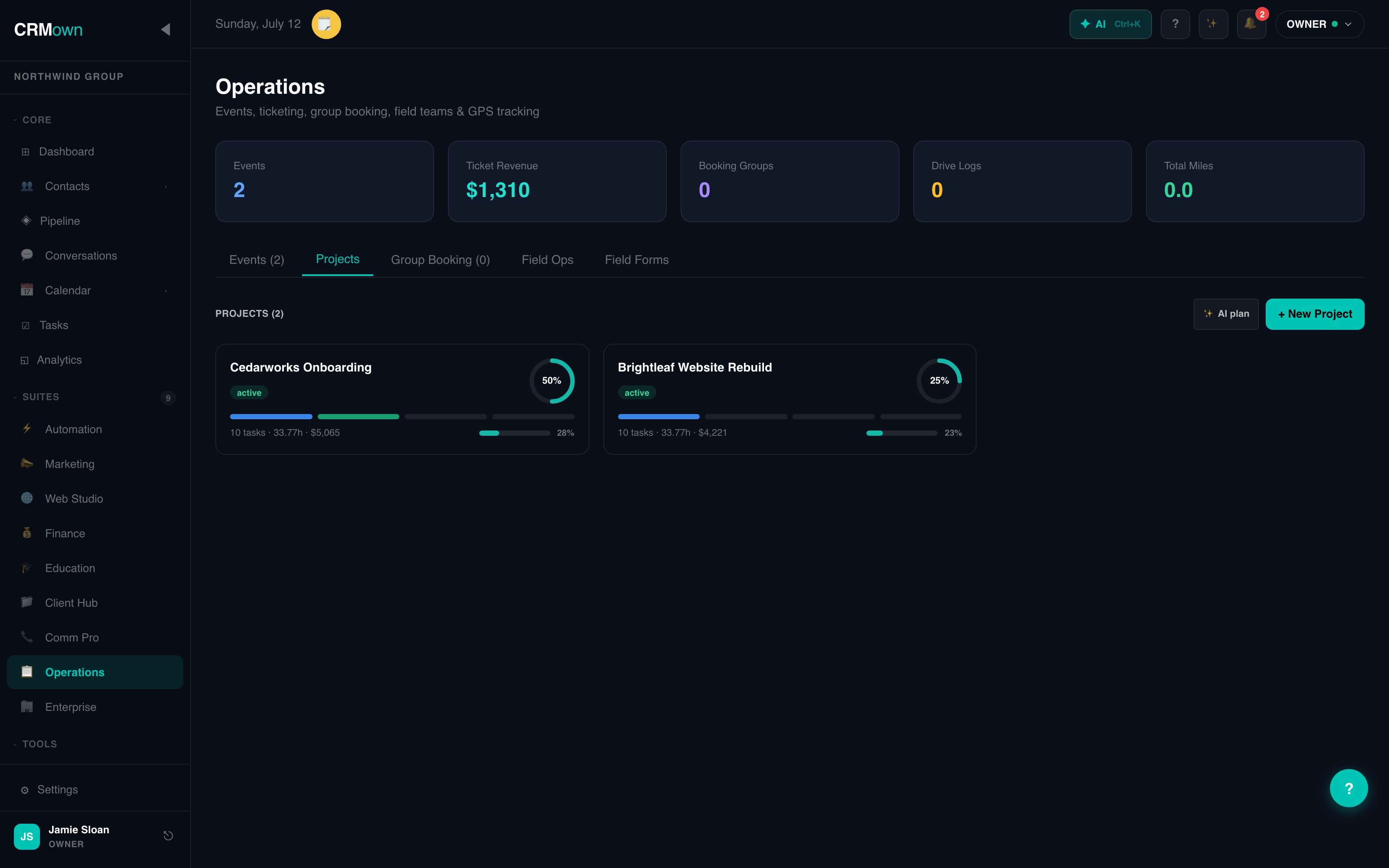 CRMown Operations — events, ticketing, projects, field operations