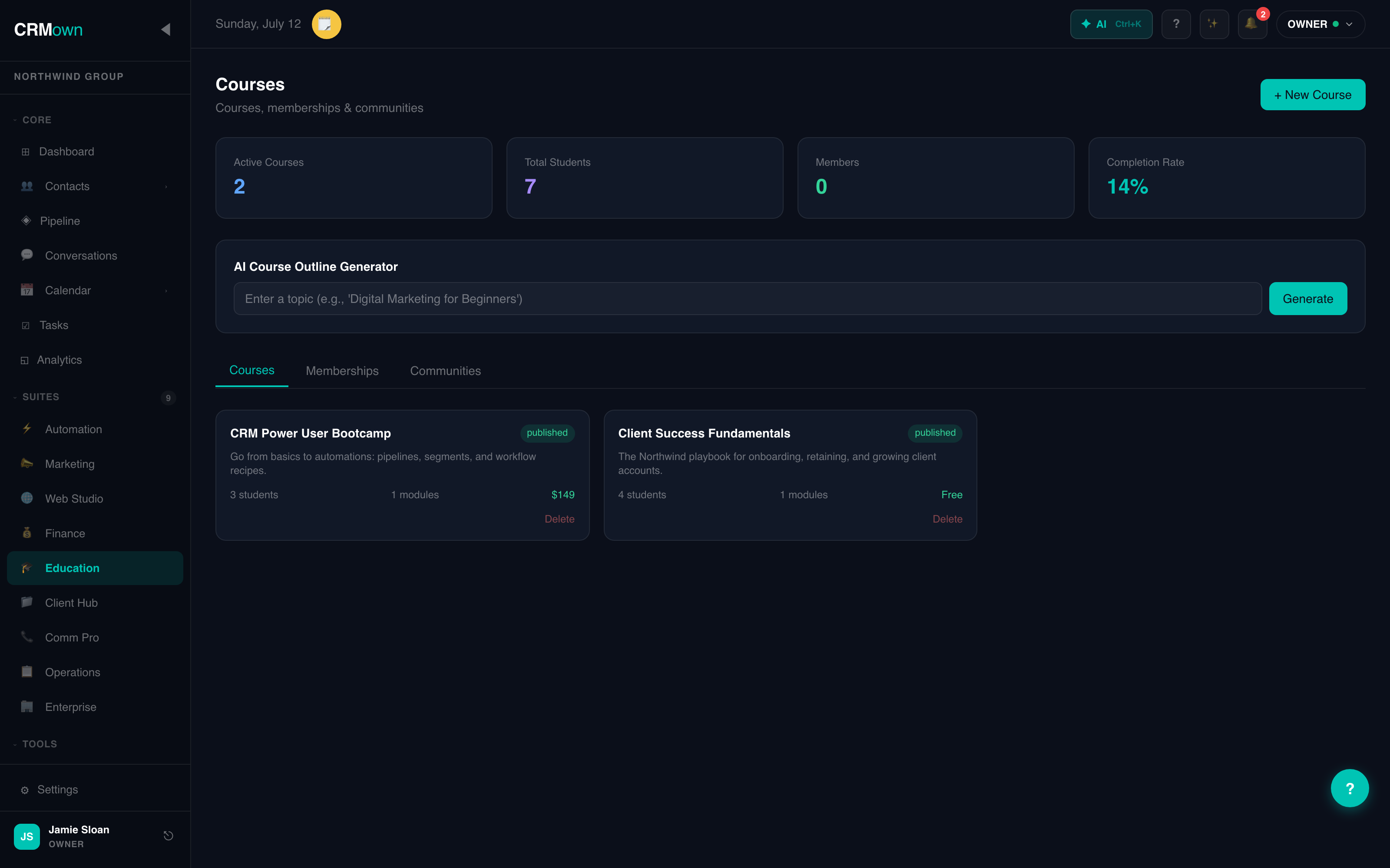 CRMown Education suite — course builder and memberships