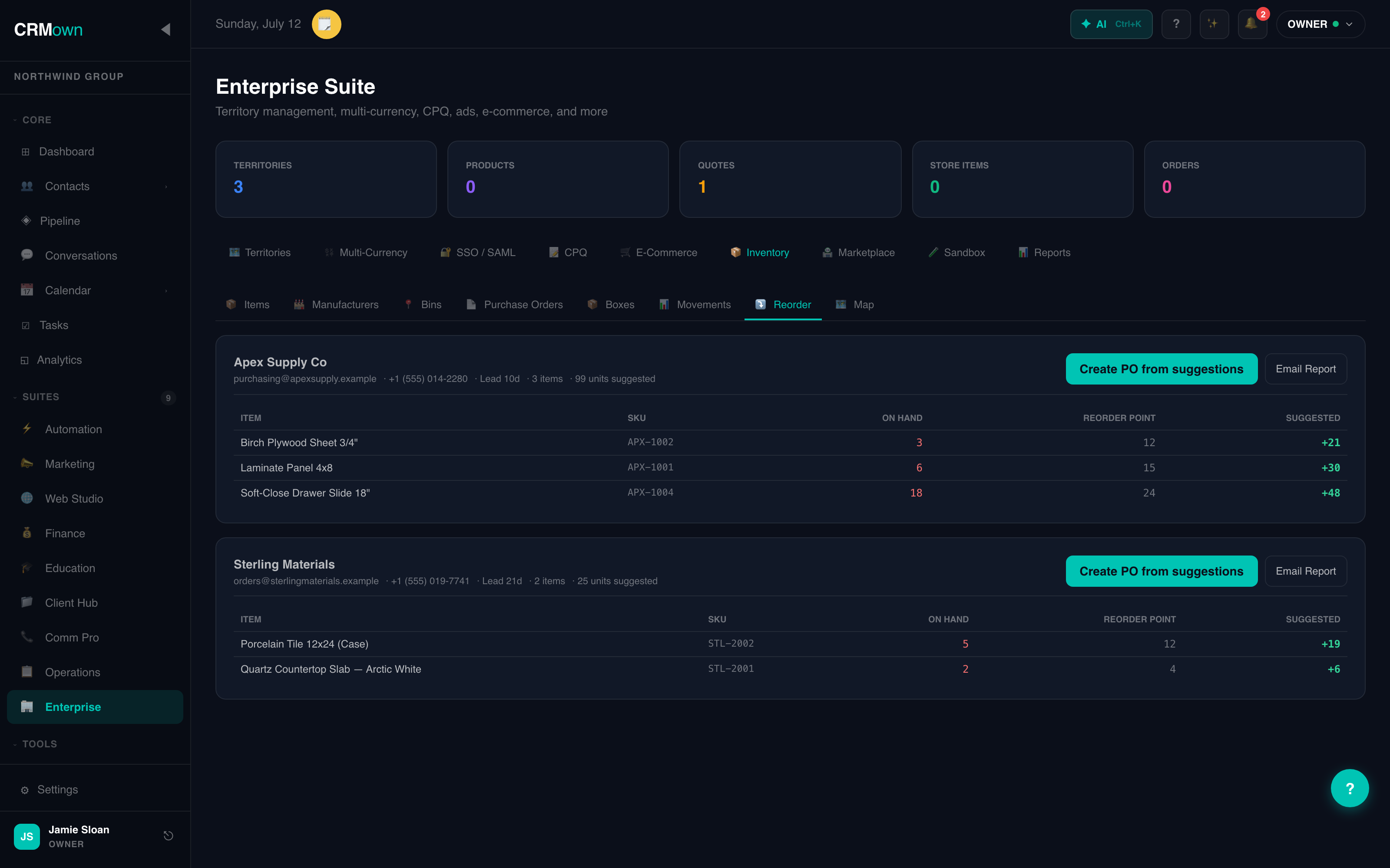 CRMown Enterprise suite — territories, SSO, inventory