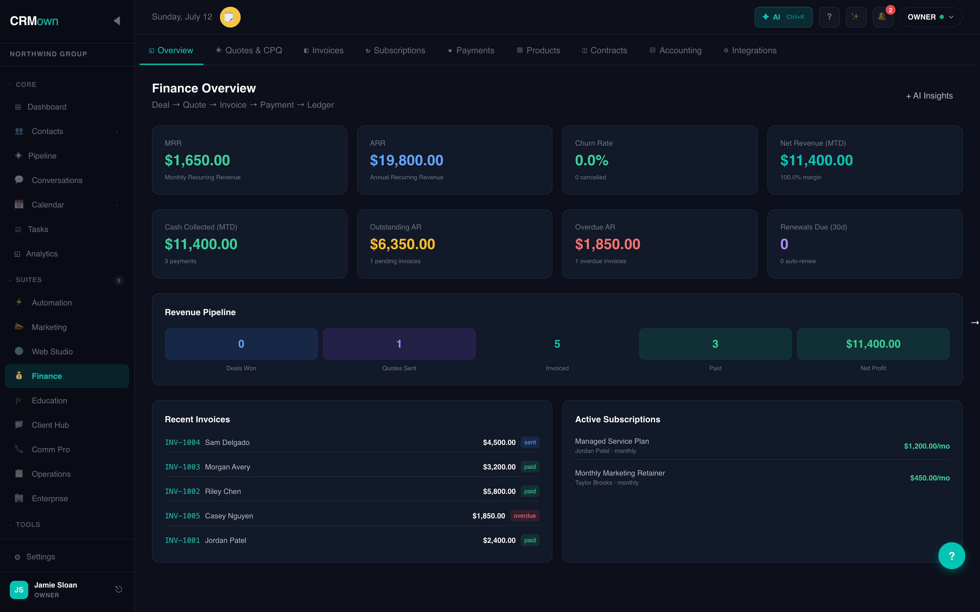 CRMown Finance suite — invoicing and proposals