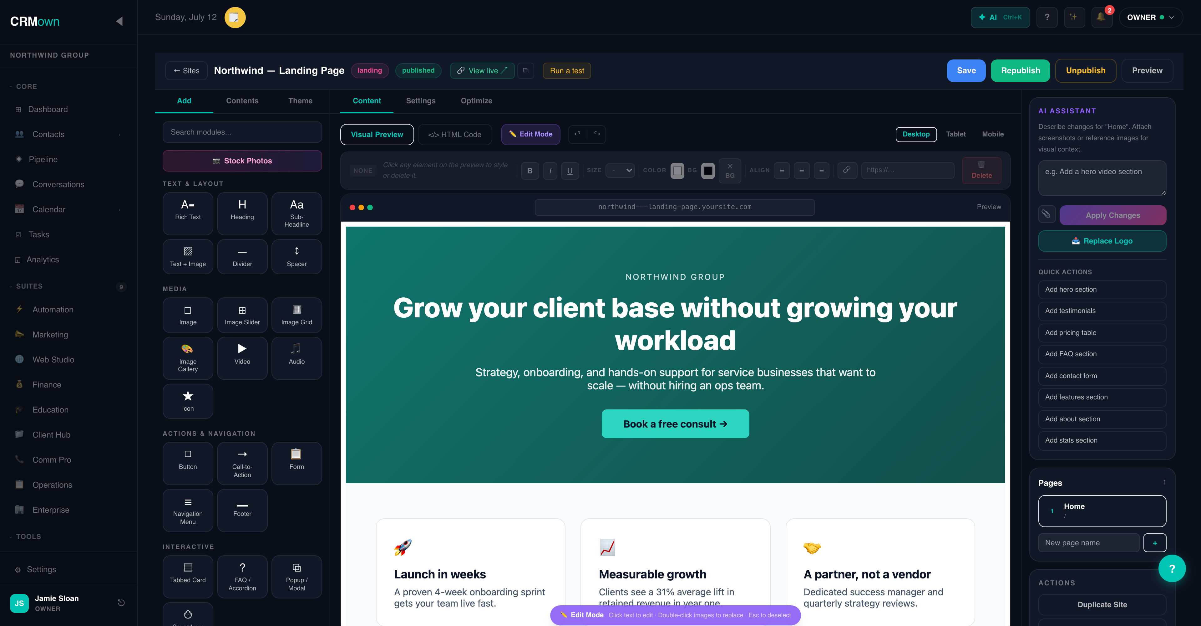 CRMown Web Studio site and funnel builder